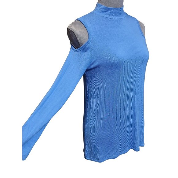 Kaari Blue Top Mock Neck Could Shoulder Blue Knit Stretch Soft Shirt Womens XS - Picture 3 of 6